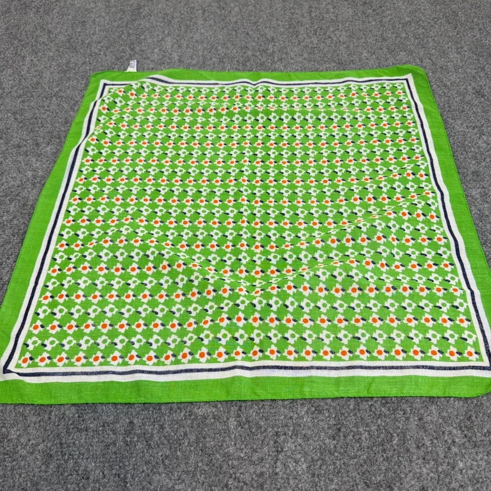 Vintage French Cotton Scarf Green Orange Geometric Floral Print Bandana 21x21
